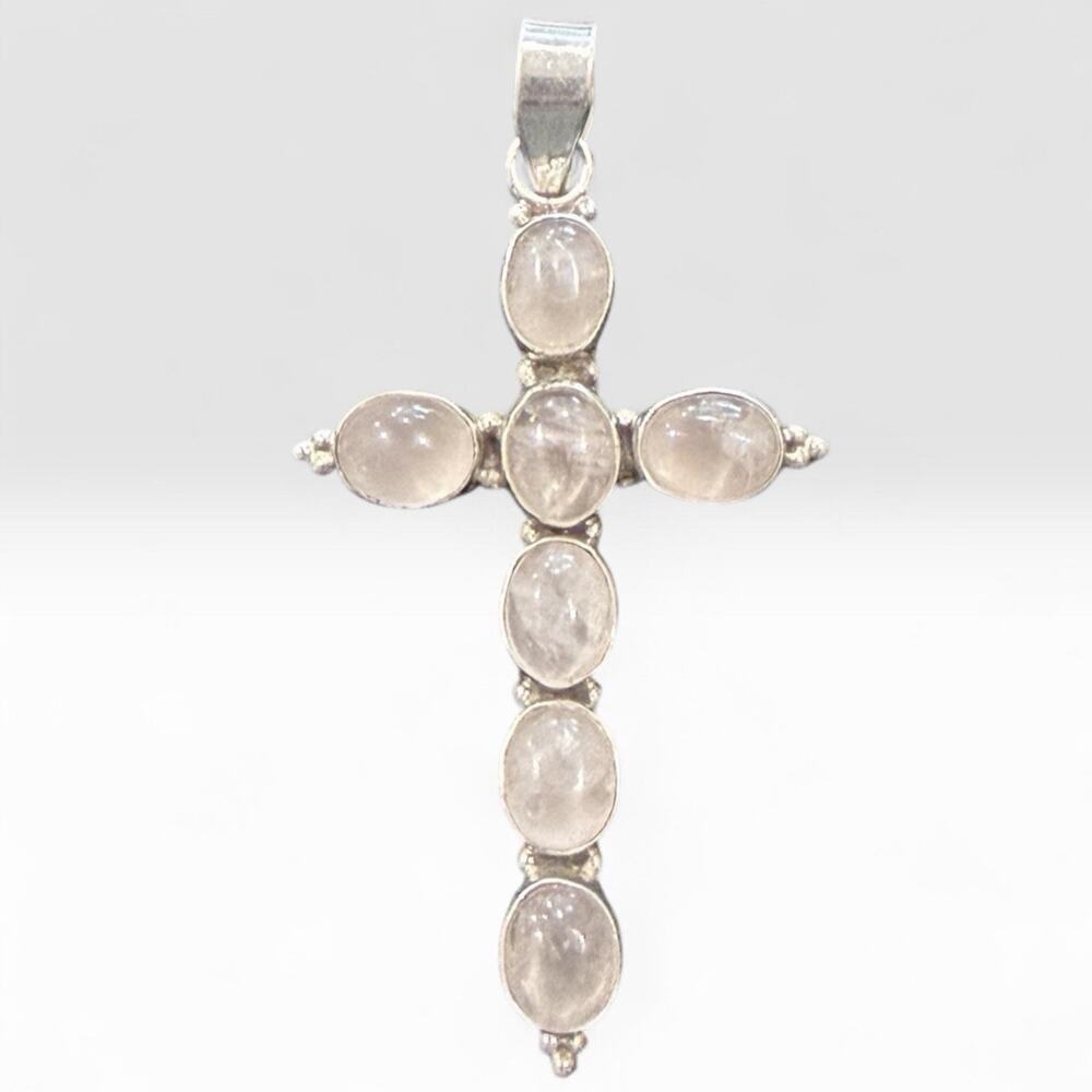 Vintage 925 Sterling Silver Large 3” Moonstone Cabochon Cross Pendant Religious